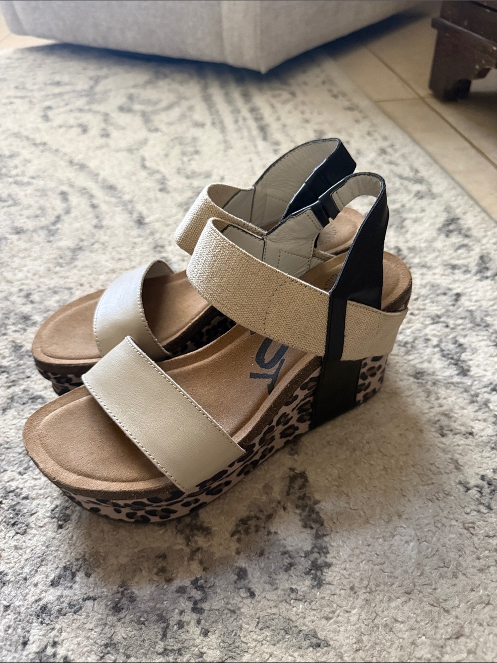 OTBT Women’s Beige Leopard-Print Wedge Sandals with Black Ankle Strap